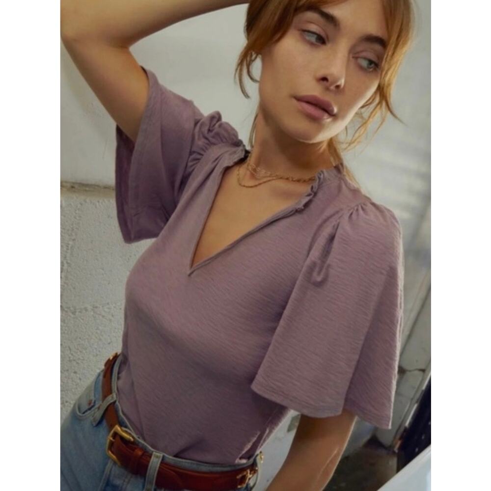 Nation LTD Tierra Flirty Flutter Sleeve V-Neck Short Sleeve Slub Cotton Tee-Med - Picture 14 of 14